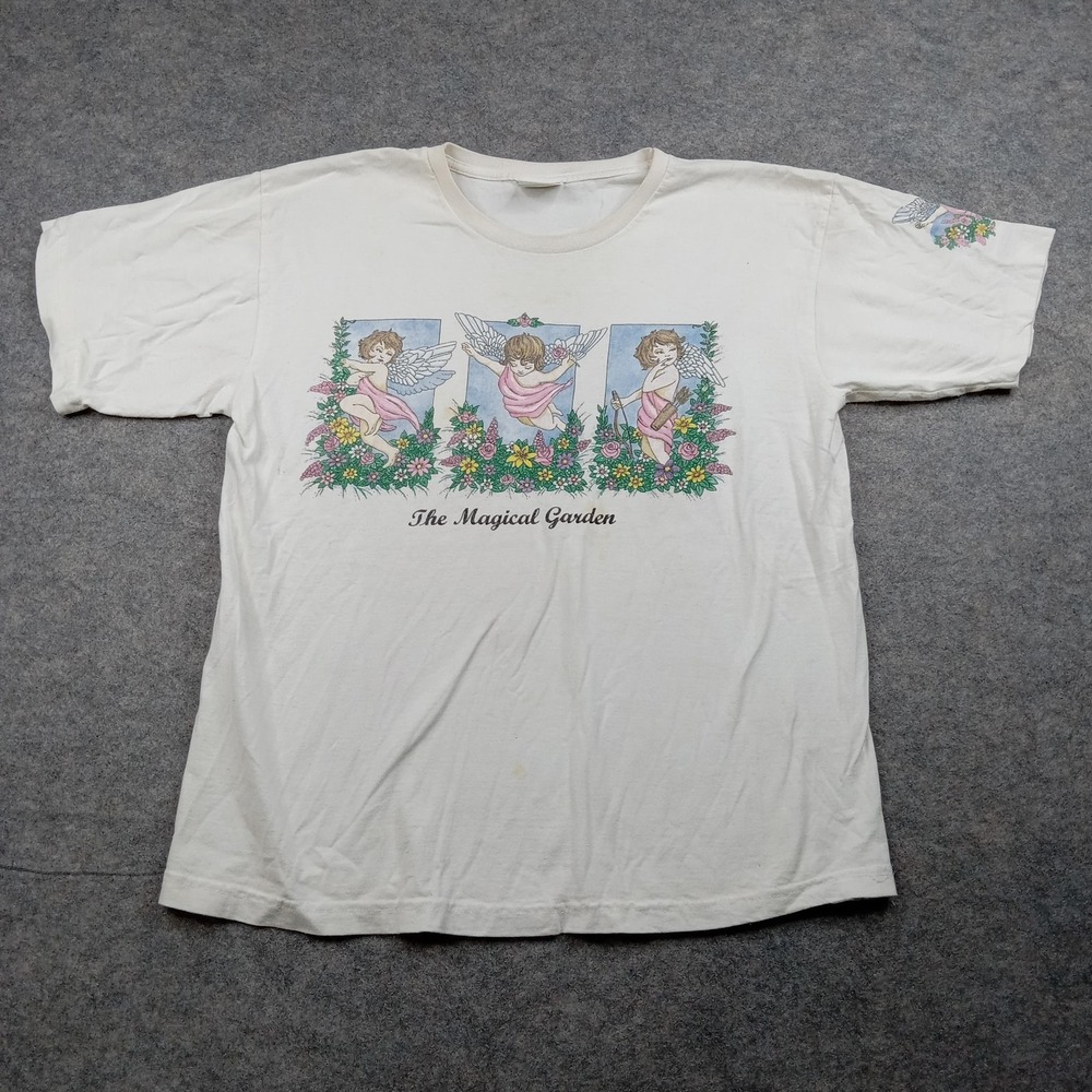 The Magical Garden Shirt Mens Large White Angel‎ Graphic Cupid Garden Floral Tee